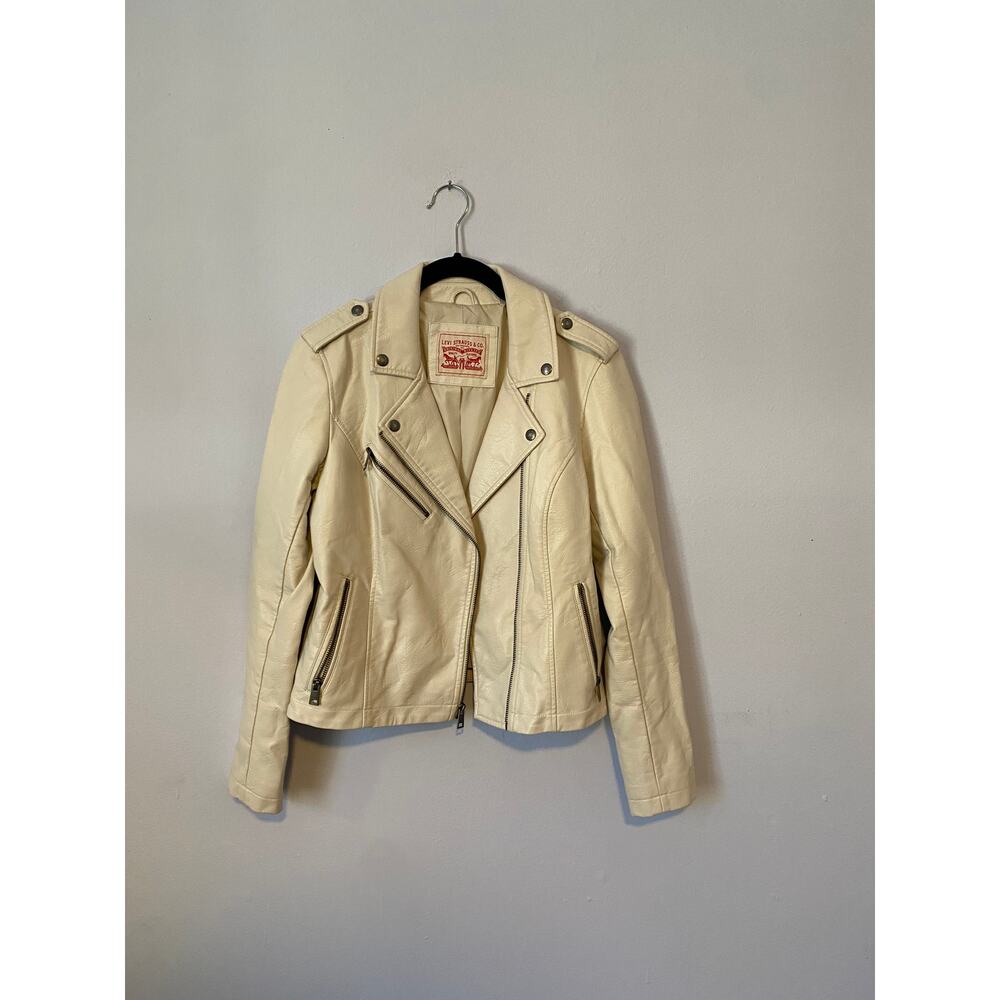 Cream Levi Strauss & Co Faux Leather Biker Moto Jacket Small Women